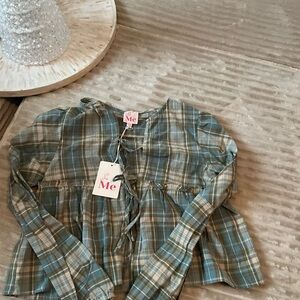 So Me Teal and Beige Babydoll Plaid Top Size Medium